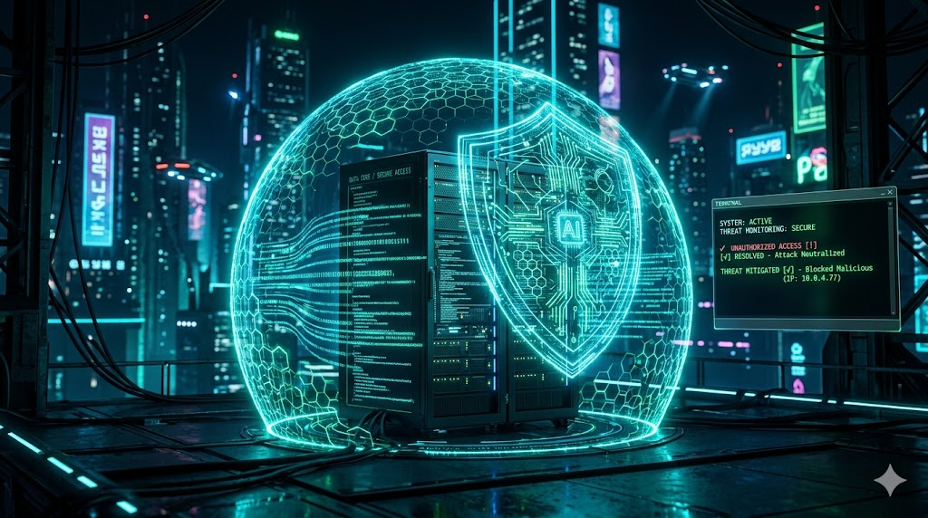 AI App Security Shield — cyber security shield protecting a server